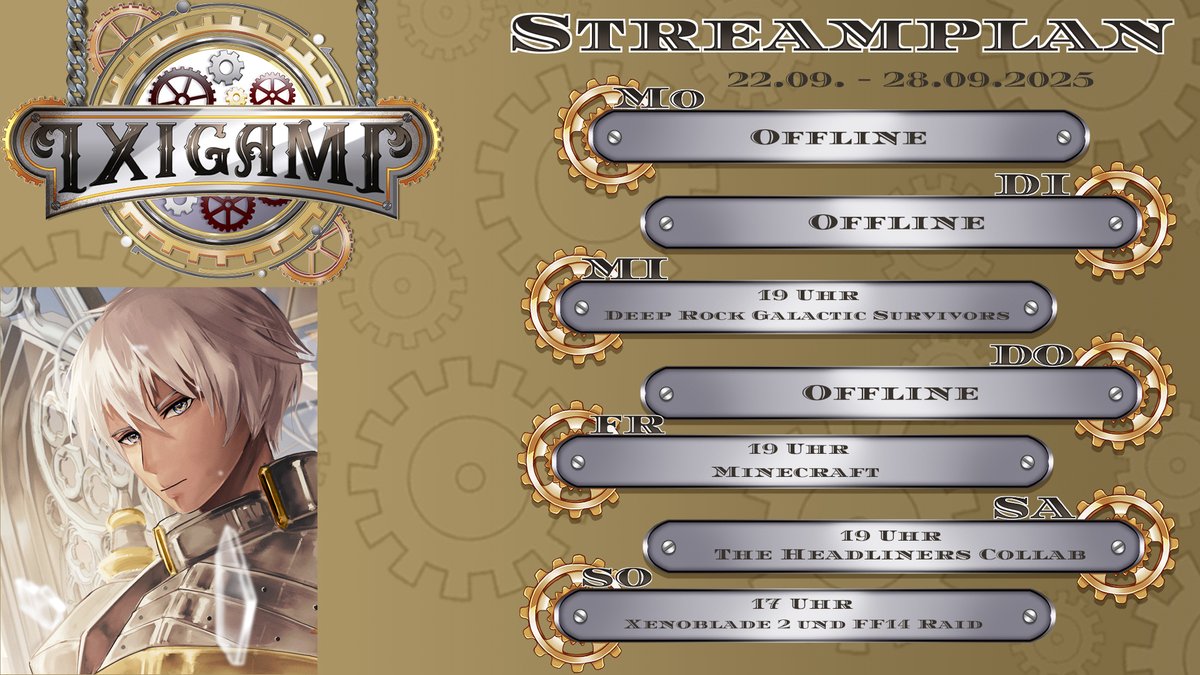 Ein neuer Streamplan!
-Mittwoch bisschen Deep Rock Galactic: Survivor 1.0!
-Freitag cozy Minecraft
-Samstag coole The Headliners Collab und eventuell danach Peak
-Sonntag wieder Xenoblade-Sonntag mit FF14 Raid
Schaut immer nach links und rechts bevor ihr die Woche meistert 😊