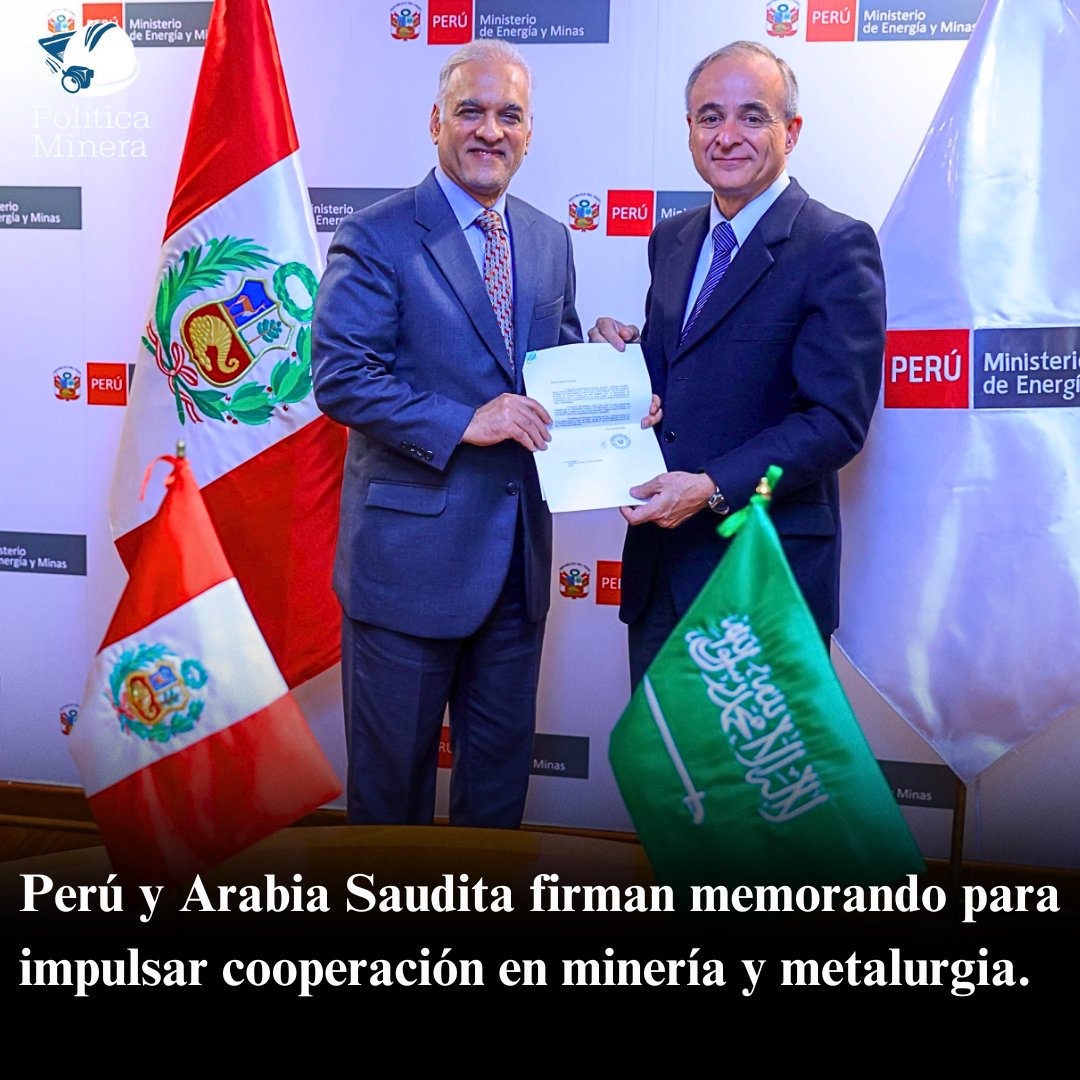 Perú y Arabia Saudita firman memorando para impulsar cooperación en minería y metalurgia. 🚨⛏️🇵🇪🇸🇦

#minería #peru #mining #ArabiaSaudita  

Más información en:
politicaminera.com/post/per-y-ara…