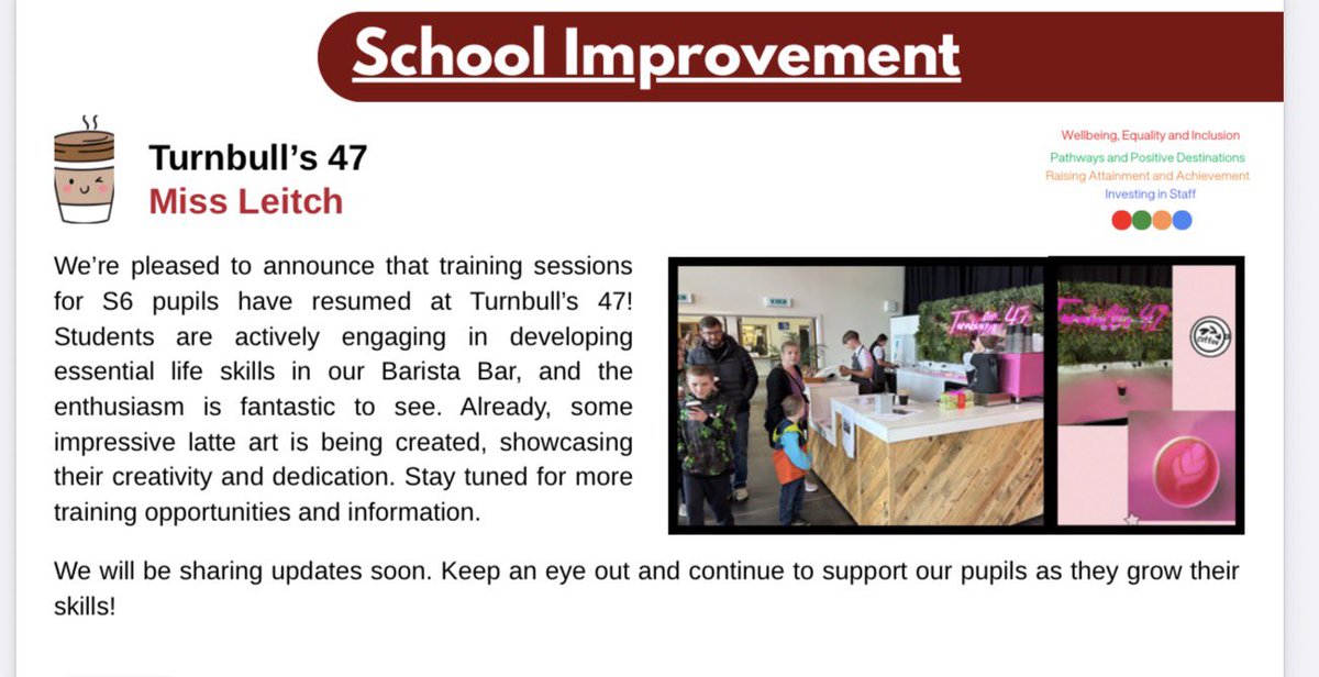LeitchHMiss's tweet image. 🎉 A successful contribution from Turnbull’s 47 at the Open Evening! This is the start of some exciting plans … We've got some fun training in the pipeline — and yes, we’re brewing up some great things! ☕️#TeamTurnbulls47 @HermitageAcad #Ambition #UNCRCArticle31