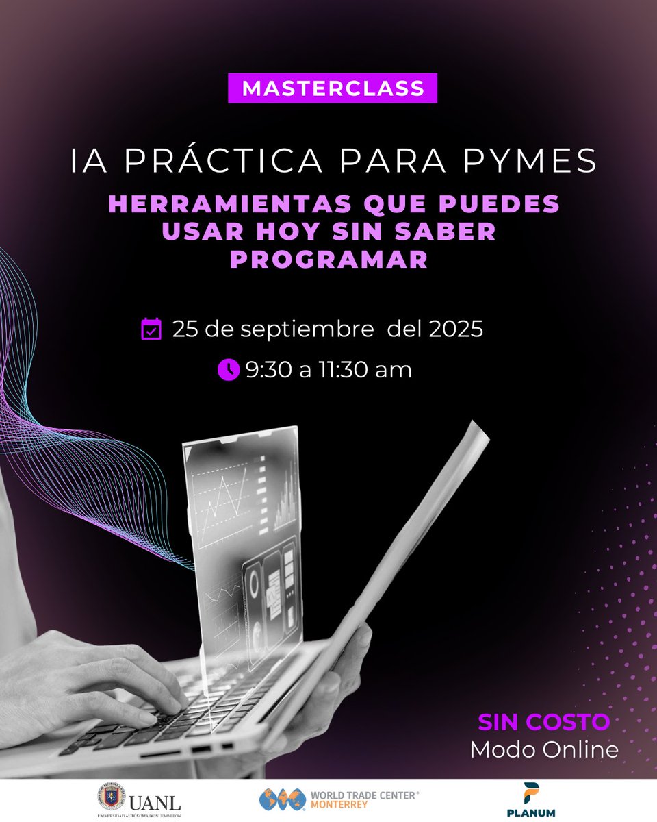 ¿Conoces herramientas digitales para el emprendimiento? 💻📈
Con esta clase del <a href="/WTC_Mty/">World Trade Center Monterrey - UANL</a> aprenderás a usar la inteligencia artificial 🧠🤖 adecuadamente para hacer crecer tu negocio 🚀🏢.

🗓️ 25 de septiembre | 🕘 9:30 a 11:30 horas

✍️ Regístrate en forms.gle/6hG9Mn1gUs4XfJ…