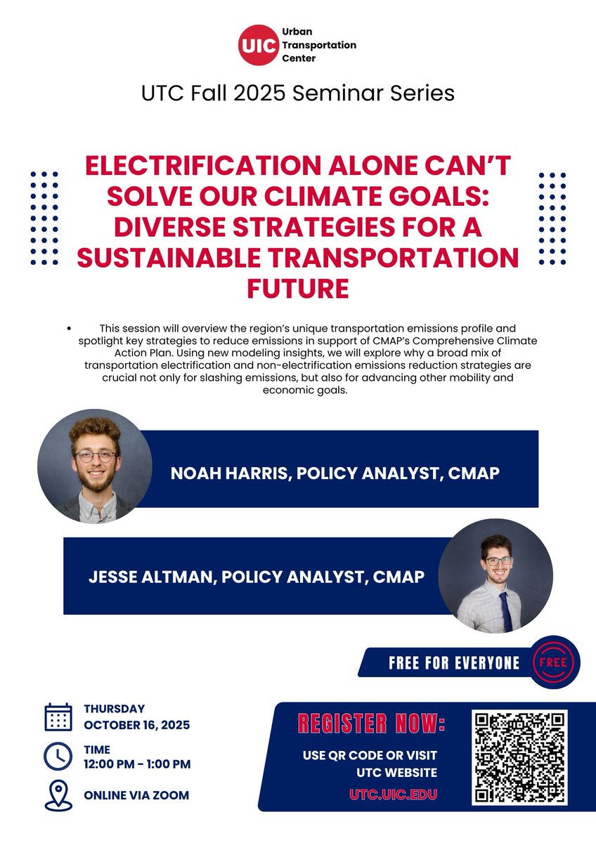 Strategies to reduce #emissions in support of <a href="/cmapillinois/">Chicago Metropolitan Agency for Planning</a> Comprehensive Climate Action Plan will be the topic of the 2nd UTC Seminar Series online presentation of Fall 2025 #transportation #climate  <a href="/thisisUIC/">University of Illinois Chicago</a> <a href="/UICCUPPA/">UIC CUPPA</a> utc.uic.edu/events/electri…