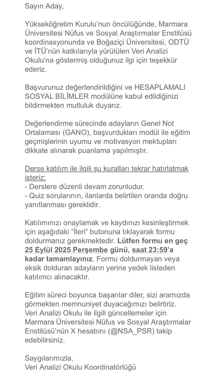 Veri Analizi Okulu’na kabul edildim!
📊 “Hesaplamalı Sosyal Bilimler” modülünde yer alacağım.
Marmara, Boğaziçi, ODTÜ ve İTÜ katkılarıyla gerçekleşecek bu programda yeni şeyler öğrenmek için çok heyecanlıyım!