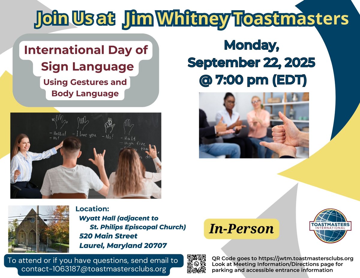 TM_JMERS's tweet image. Update: We will have a GUEST speaker who is a sign language interpreter at tonight's meeting. 
Communication is 93% non-verbal. Join us September 22 at 7:00 pm (US-ET) for International Day of Sign Language. Questions can be posed to contact-063187@toastmastersclubs.org.