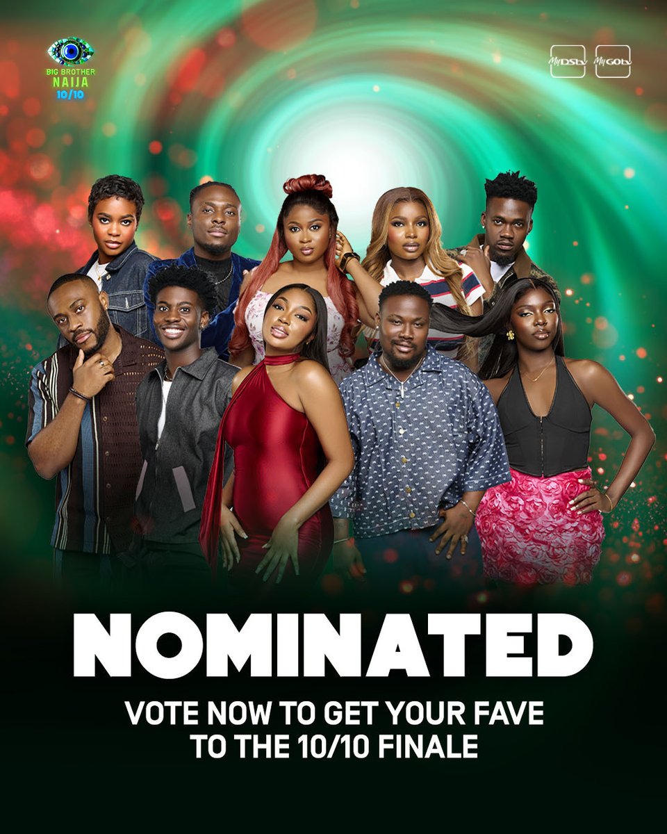 BBNaija's tweet photo. Voting is now open as we race towards the finale! 🚨

All housemates are up for possible eviction except Sultana, who is the HoH with immunity, Mensan, the Most Influential Player of the Week, and Kaybobo who purchased immunity for N10m via the Red telephone.

Which housemate deserves your vote to reach the finale? 👀 #BBNaija

Vote here:

Web and mobile: (100 votes per platform) https://t.co/6uPNJc0S1k
MyDStv: (Up to 10 000 votes based on package)  https://t.co/M8sOLyoDmF
MyGOtv: (Up to 750 votes based on package) https://t.co/S6YhvkLUx7

Voting closes on Thursday at 22:00 WAT. #BBNaija 

@PowerOilNG