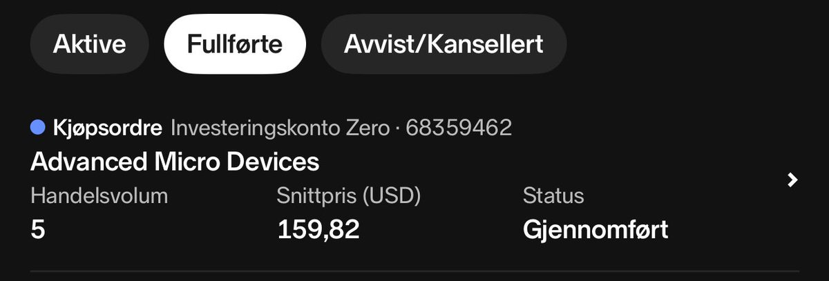 Holder på å bygge meg en mellom til langsiktig portefølje på IKZ kontoen.

🟢 Kjøpt 5 stk $AMD idag.

Gjerne hiv inn noen aksjer dere mener er ok priset nå som går under denne kategorien.

Lukter også litt på $GRAB og $DUOL.