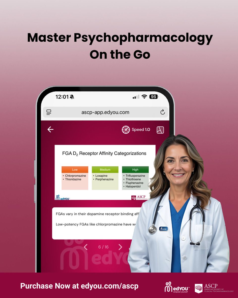 ASCPorg's tweet image. Stop flipping through endless notes. Our AI-powered curriculum organizes receptor affinities and prescribing data into clear, easy-todigest modules you can access instantly. 📱 Start today at edyou.com/ascp #edYOUxASCP #ASCP #edYOU #PsychopharmToday #ASCP #edYOU #AI