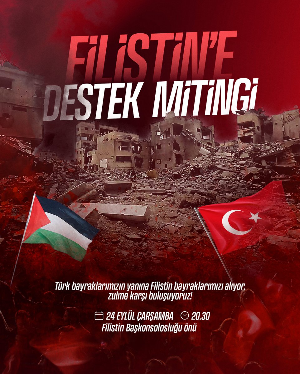Biz daima zulmün karşısında, adaletin ve özgürlüğün safındayız.

Mazlum Filistin halkına ses olmak için, Filistin’in yanında olmak için Çarşamba akşamı meydanlardayız.

Türk bayraklarımızın yanına Filistin bayraklarımızı alıyor, Eyüpsultan'da Filistin Başkonsolosluğu’nun önünde