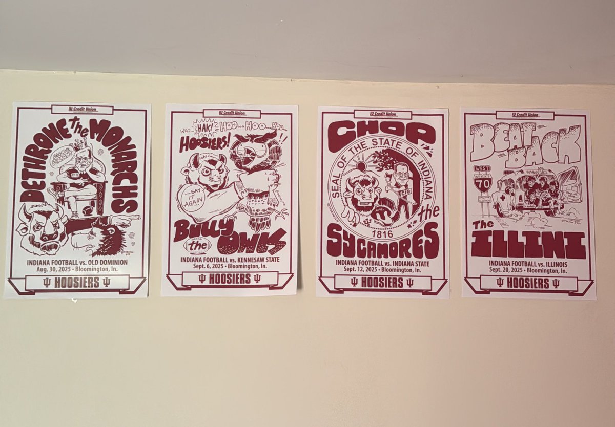 cwerk33's tweet photo. Imagine rolling up to an away game with one of these posters for every week👀 instant W. They’re good luck! @theindianashop don’t hold out on us! 

@IUHoosiers @TheIndianaBison @IndianaFootball https://t.co/J6HcBJ0RXk