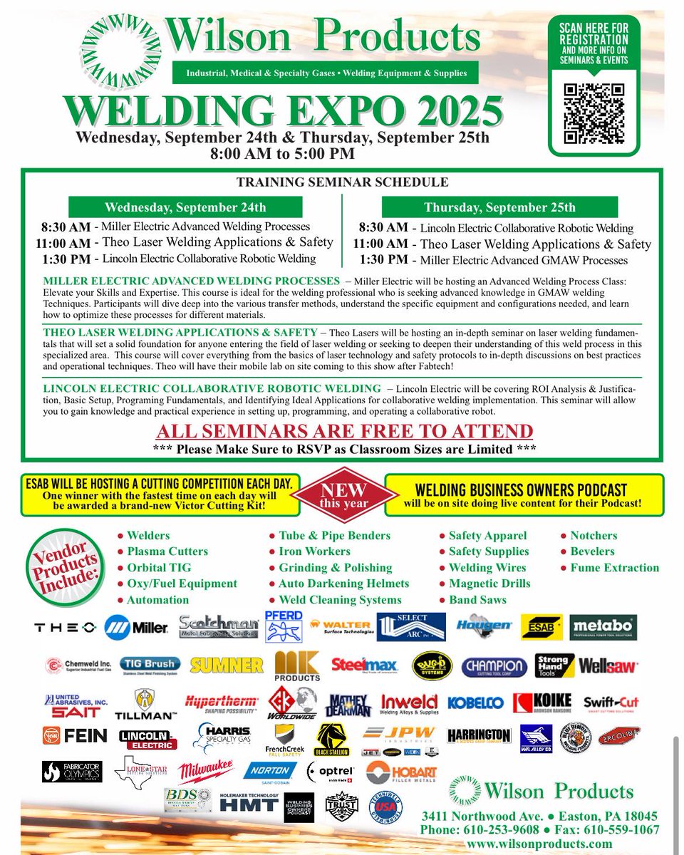 📷 **Welding Wizards, Gear Up!** 📷  Only days away from the **Wilson Products Welding Expo 2025** on **Wednesday - Thursday, September 24-25, 2025** (8 AM–5 PM)—don't miss out on FREE seminars (spots filling fast!), a cutting competition with prizes galore, and giveaways like
