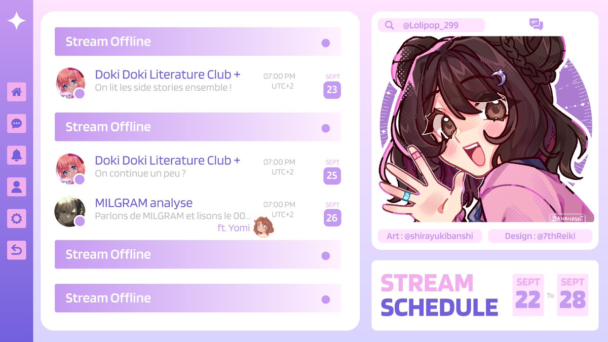 Planning de la semaine !

J'ai acheté DDLC+ y a des années et j'ai jamais fini de lire les side stories, alors faisons-le ensemble dès demain !

et aussi, voici ENFIN le début des streams analyse MILGRAM (on trouvera peut-être un nom pour cette série...) avec <a href="/yomi_no_mi/">Yomi</a> !!