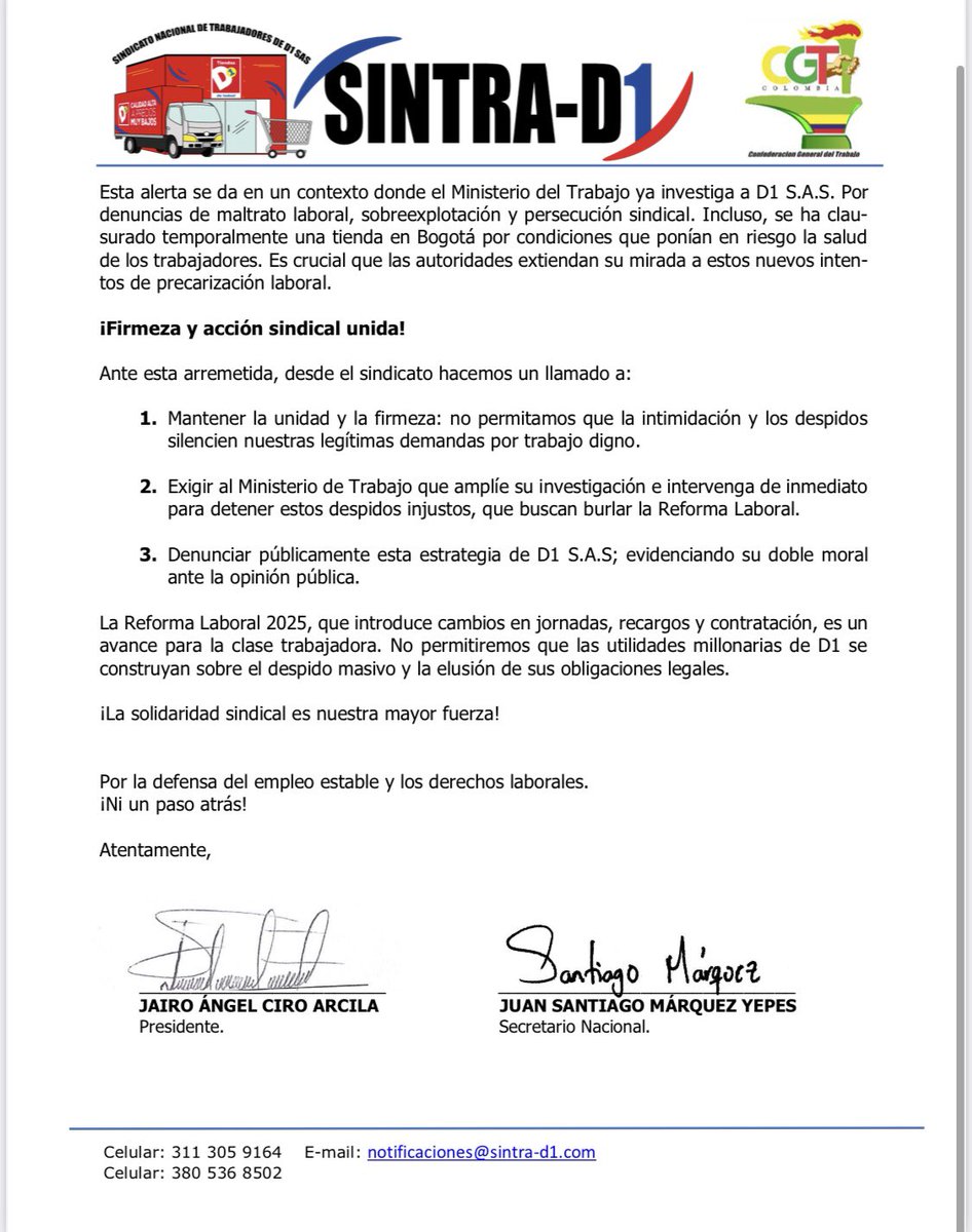 Alerta temprana: la compañía D1 S.A.S Está despidiendo gran número  de conductores. 

Alertamos al @mintrabajo de esta maniobra para eludir el cumplimiento de la reforma laboral que va en contra de los derechos de los trabajadores.

<a href="/carlosmpat/">Carlos Mario Patiño G.</a> 
<a href="/wilsonariasc/">Wilson Arias</a> 
<a href="/AntonioSanguino/">Antonio Sanguino</a>
