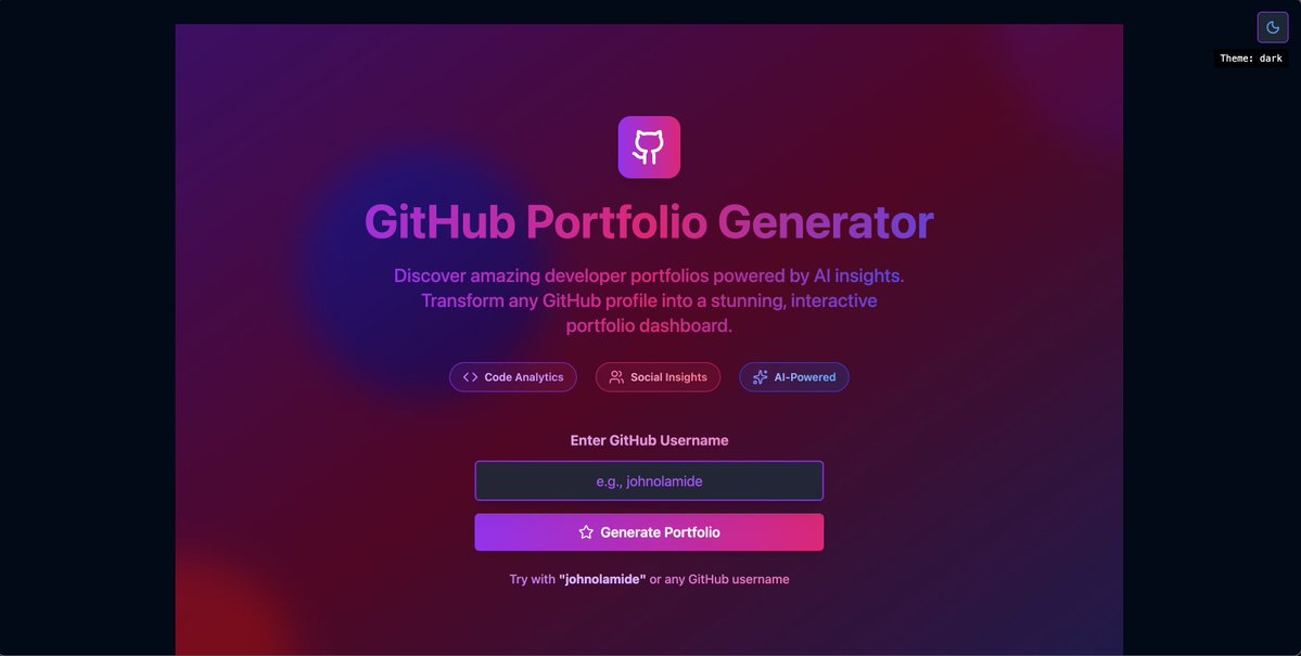 johnolamide22's tweet image. Just built an AI-powered GitHub Portfolio Generator! Transform any GitHub profile into a stunning, interactive dashboard with real-time analytics and AI insights.
try out qkiu.tech
#ALX_AIDEV @alx_africa 

#WebDev #React #AI #GitHub

@kalibetre @julienbarbier42