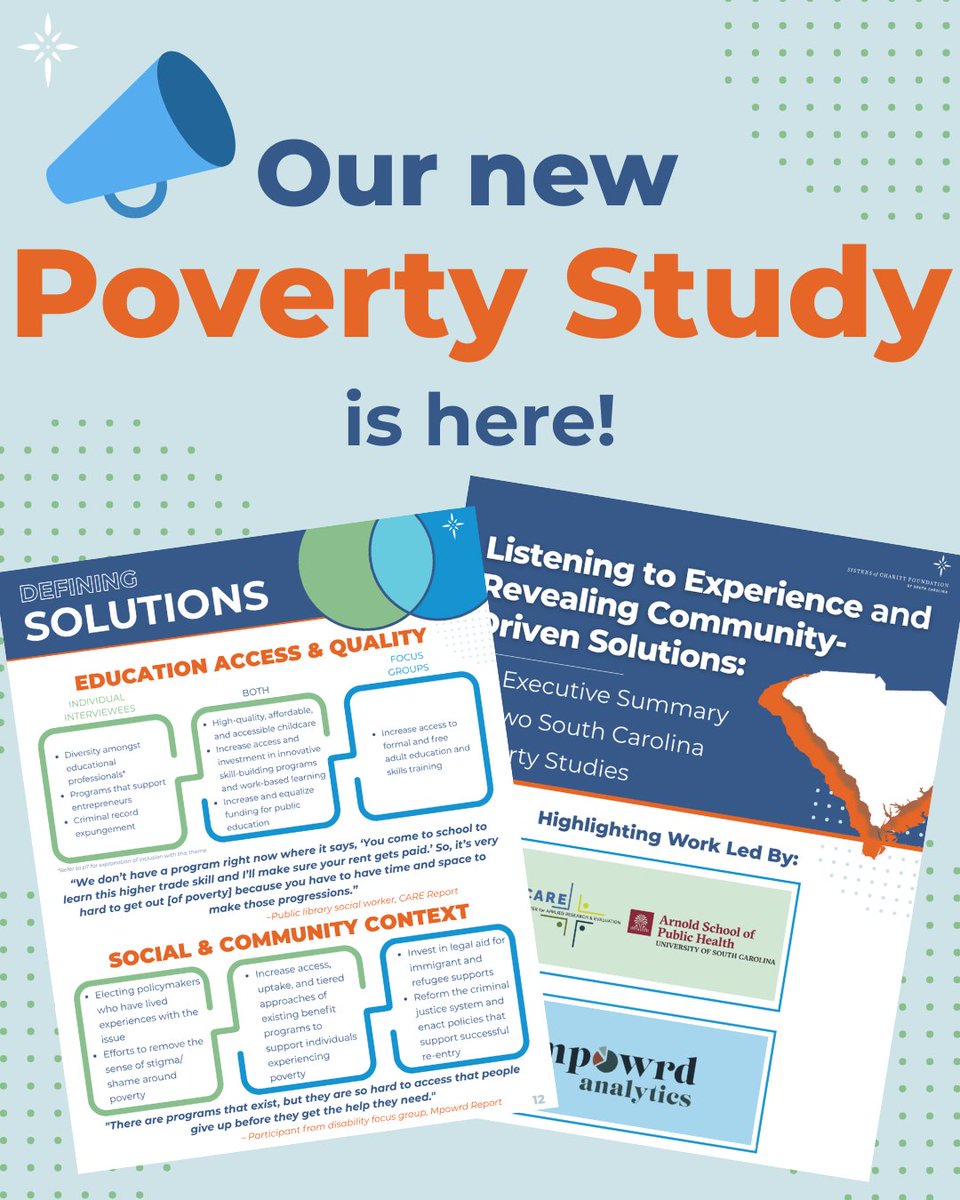 SCFSC's tweet image. 📣 Our latest research on poverty is here: 📣 The Sisters of Charity Foundation of South Carolina is deepening its commitment to reducing poverty.

In 2024, we commissioned two studies to better understand the lived realities behind poverty in our state.

sistersofcharitysc.com/poverty-study