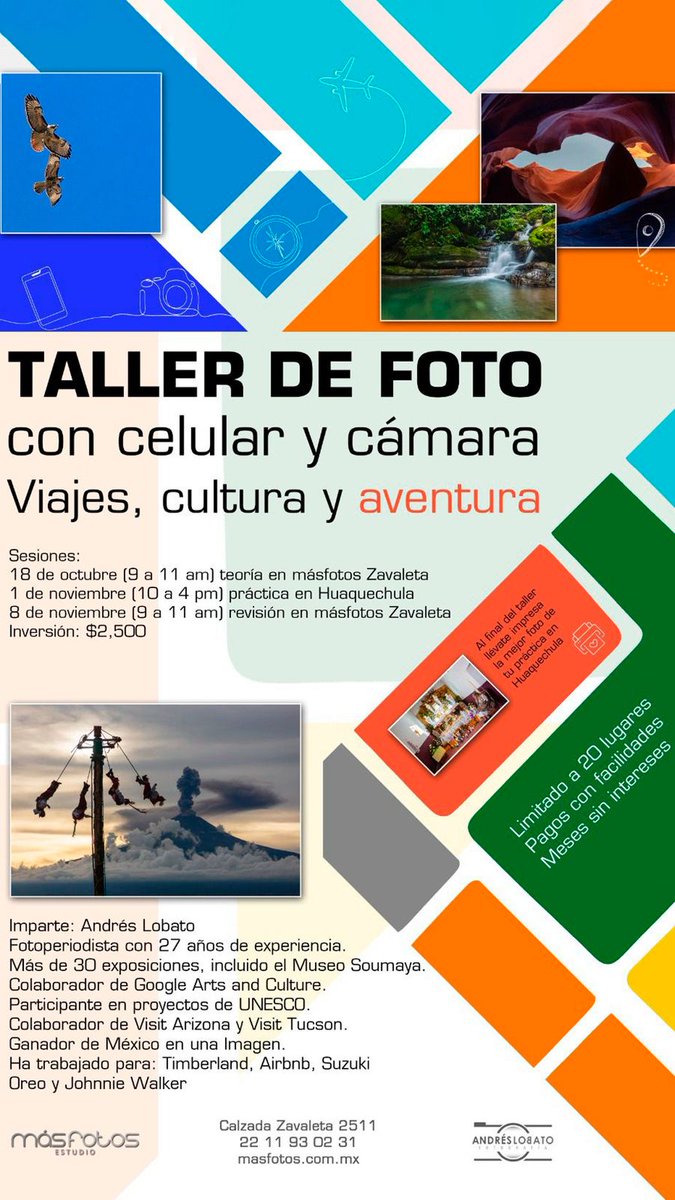 📸 ¡No te pierdas el Taller de Foto con celular y cámara de Andrés Lobato! ✨ Si te encanta la fotografía, viajar o capturar momentos únicos, este taller es para ti. Toda la info en la imagen. ¡Ayúdanos a compartir! 🙏 #Fotografía #Viajes #TallerDeFoto