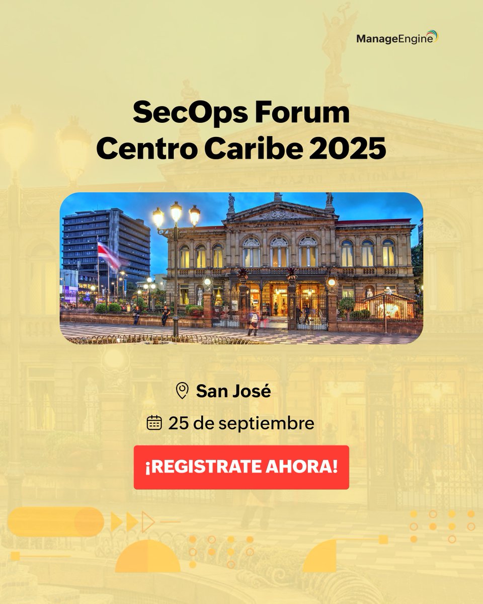 ManageEngineLA's tweet image. 🚨¡Atención! 🌐🇨🇷Llega el #SecOpsForum25 de #ManageEngineLATAM a San José, Costa Rica, este 25 de septiembre. 📅🔍 Descubre la era de la Observabilidad Inteligente y seguridad con nuestros expertos. 💻¡Lleva tu operación TI al siguiente nivel! 🎟️👉 mnge.it/6ZU