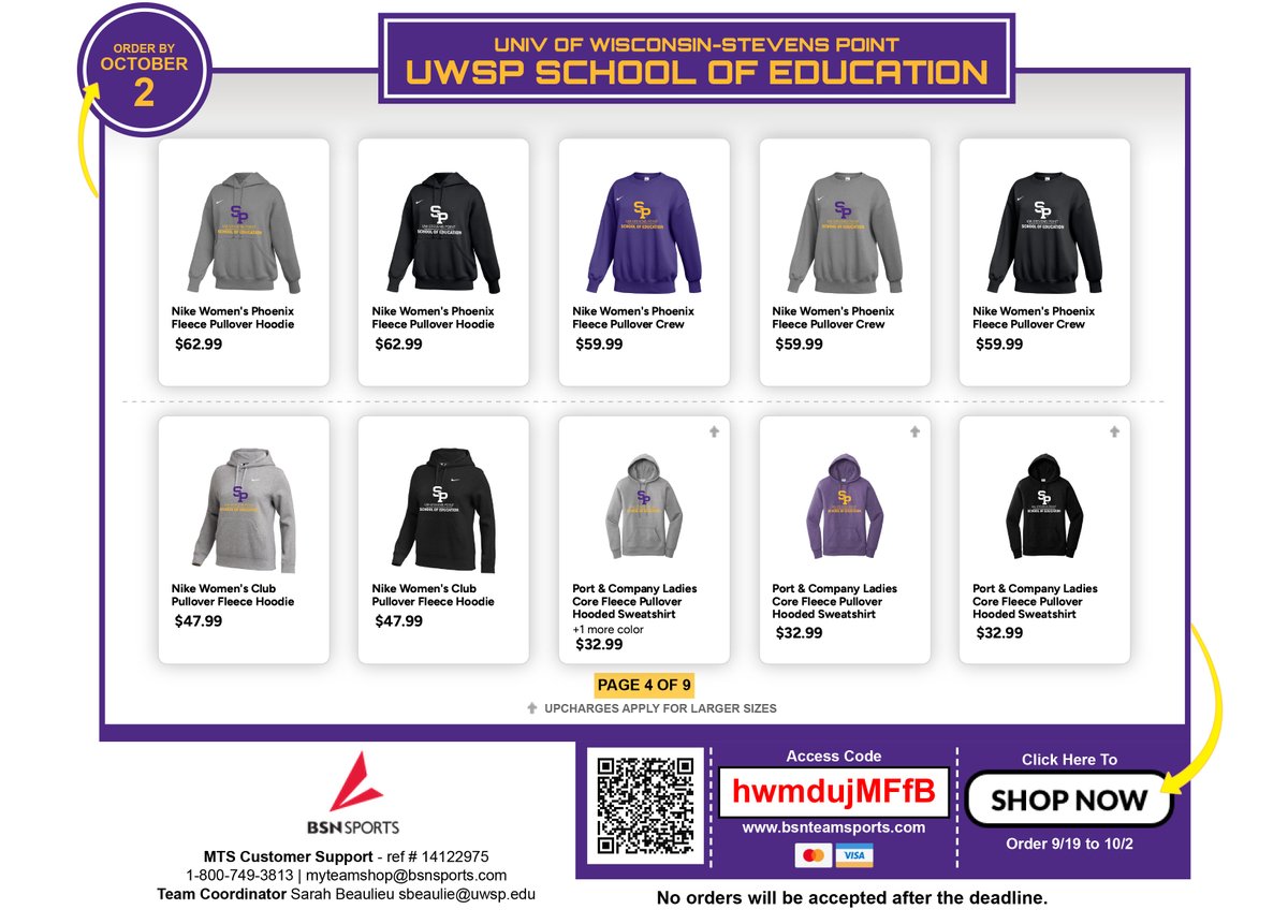 The #UWSP School of Ed spirit shop is officially open with nearly 100 purple and gold items to choose from including polos, hoodies, cardigans, T-shirts, pants, vests and more! The shop closes Oct. 2: bit.ly/46yCzF8