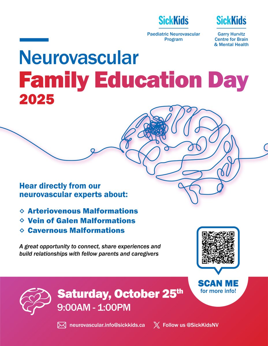 SickKids Paediatric Neurovascular Program (@sickkidsnv) on Twitter photo The SickKids Paediatric Neurovascular Program and the Garry Hurvitz Centre for Brain & Mental Health <a href="/SickKidsGHCBMH/">Garry Hurvitz Centre for Brain & Mental Health</a> invite patients, families, and caregivers to join us for Neurovascular Family Education Day 2025. We look forward to seeing you there! The SickKids Paediatric Neurovascular Program and the Garry Hurvitz Centre for Brain & Mental Health <a href="/SickKidsGHCBMH/">Garry Hurvitz Centre for Brain & Mental Health</a> invite patients, families, and caregivers to join us for Neurovascular Family Education Day 2025. We look forward to seeing you there!