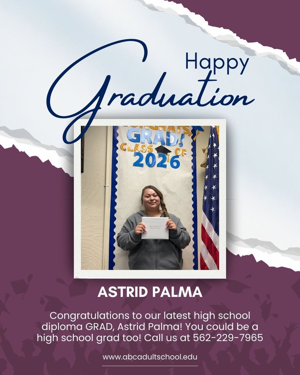 abcadultschool's tweet image. Congratulations to our latest high school diploma GRAD, Astrid Palma! You could be a high school grad too! Call us at 562-229-7965

#GEDGraduate #HiSETTest #AdultEducation #SecondChances #GEDLife #DiplomaGoals #HiSETSuccess #FutureFocused #EducationMatters #classof2026