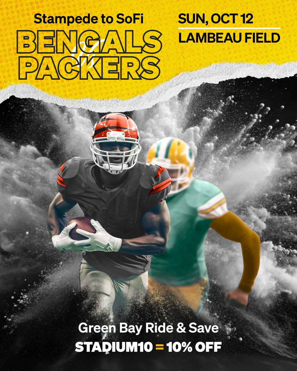 🏈 Bengals vs. Packers! Game Day starts Oct 12 @ Lambeau Field, Green Bay. 🚍💨 

Ride with OurBus &amp; save 10% with code STADIUM10. Skip the traffic, catch every play, and travel like a champ! #BengalsVsPackers 

#NFLGameDay #OurBusRides #GameDayVibes