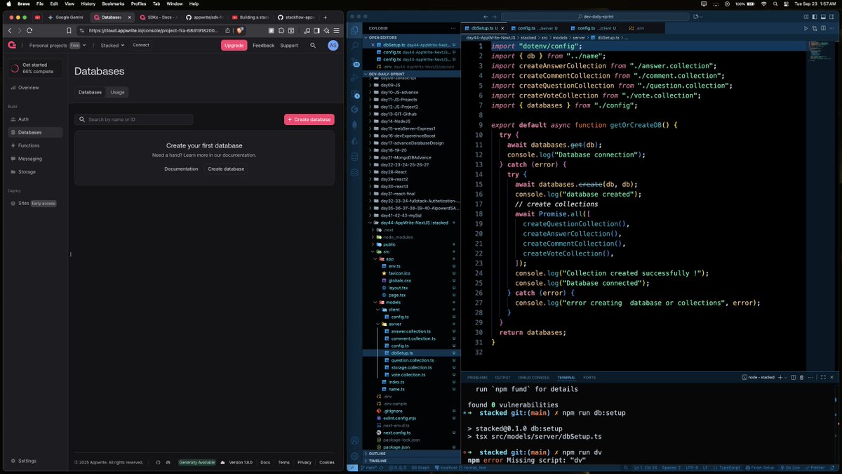 aayushsaini_dev's tweet image. Day 44! Building "Stacked" 🚀
Project setup is done!
Appwrite models are ready to go.
But I'm stuck trying to programmatically create the DB. The script runs silently with no result.
Could you please help me debug this, @hiteshdotcom sir?
#NextJS #CodingHelp