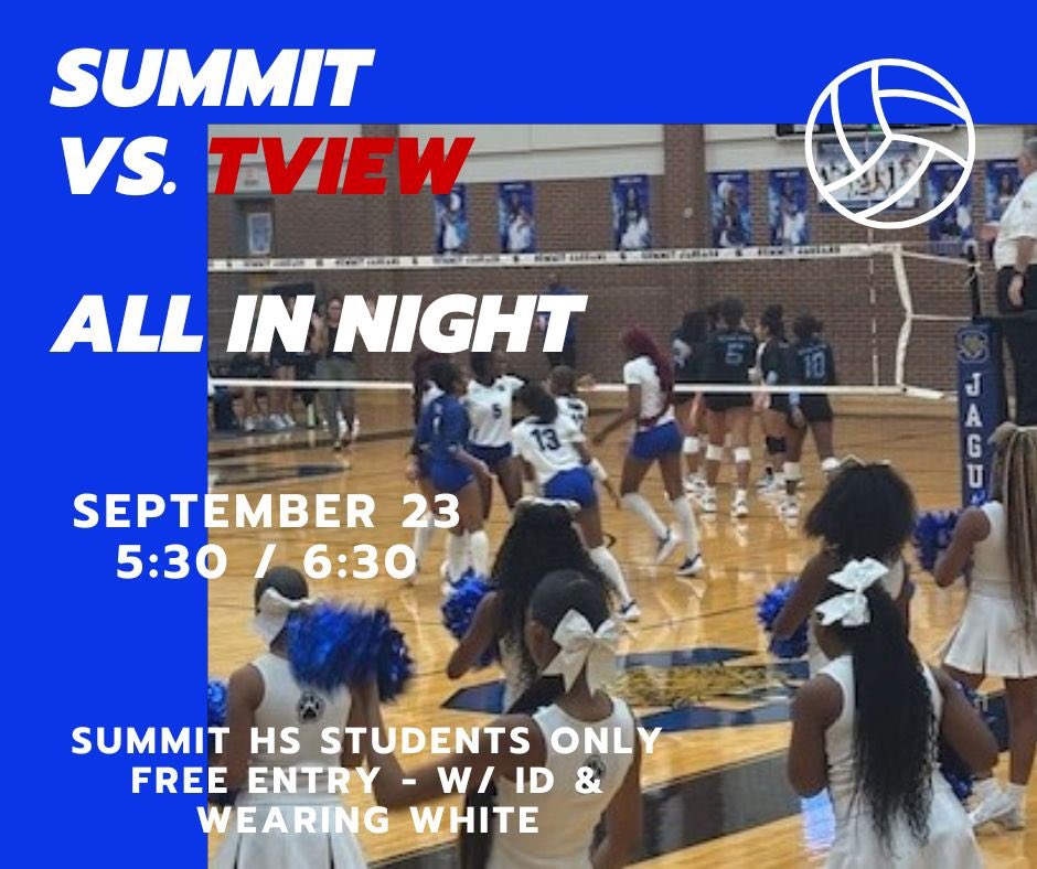 Jason Mutterer (@coachmutt) on Twitter photo ALL IN - Volleyball Game
September 23
Summit v Timberview @ SHS
9th A / JV - 5:30 PM
9th B / VARSITY - 6:30 PM
#JagNation ALL IN - Volleyball Game
September 23
Summit v Timberview @ SHS
9th A / JV - 5:30 PM
9th B / VARSITY - 6:30 PM
#JagNation