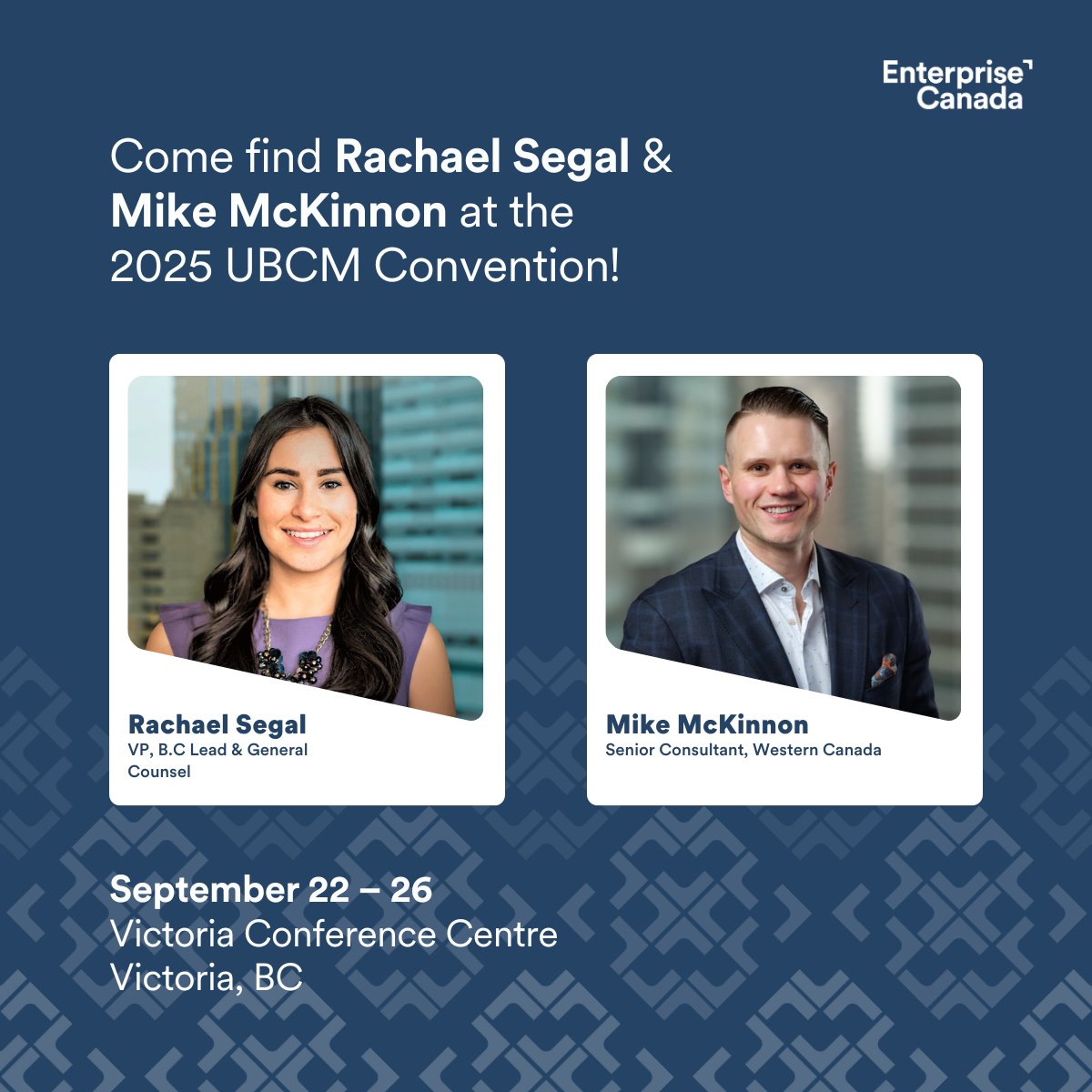 Enterprise (@entcanada) on Twitter photo Find us on the ground in Victoria this week at #ubcm2025! 🔎
<a href="/segalrs/">Rachael Segal</a> and <a href="/mikemckinnon/">Mike McKinnon</a> will be connecting with delegates from across the province to talk strategy, communications and advocacy. Find us on the ground in Victoria this week at #ubcm2025! 🔎
<a href="/segalrs/">Rachael Segal</a> and <a href="/mikemckinnon/">Mike McKinnon</a> will be connecting with delegates from across the province to talk strategy, communications and advocacy.