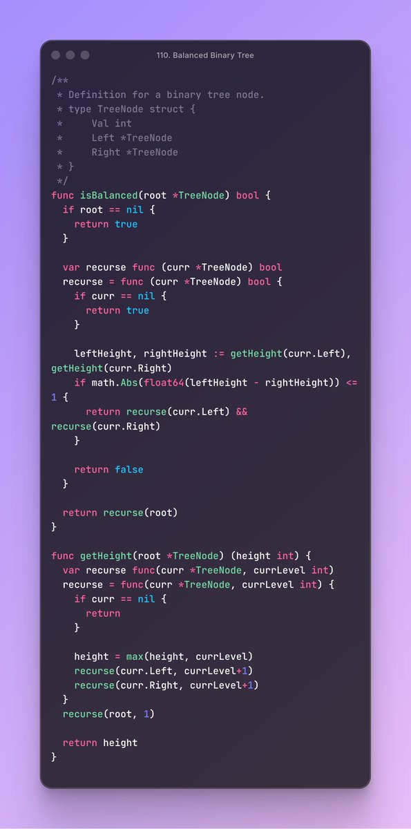 raphael_tannous's tweet image. Today, following binary tree questions, I solved 110. Balanced Binary Tree on LeetCode, using Go!
I still don't quite get binary tree problems...
#100DaysOfLeetCode – #Day22