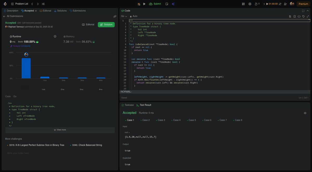 raphael_tannous's tweet image. Today, following binary tree questions, I solved 110. Balanced Binary Tree on LeetCode, using Go!
I still don't quite get binary tree problems...
#100DaysOfLeetCode – #Day22