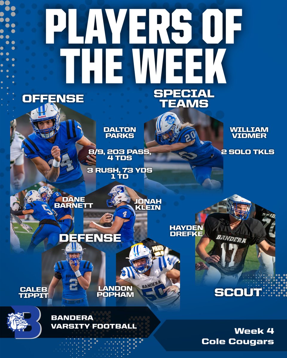 Week 4 Players of the Week

#WeAreOne

<a href="/BHS_DogsSports/">Bandera High School Athletics</a> <a href="/BanderaISD/">Bandera ISD</a>