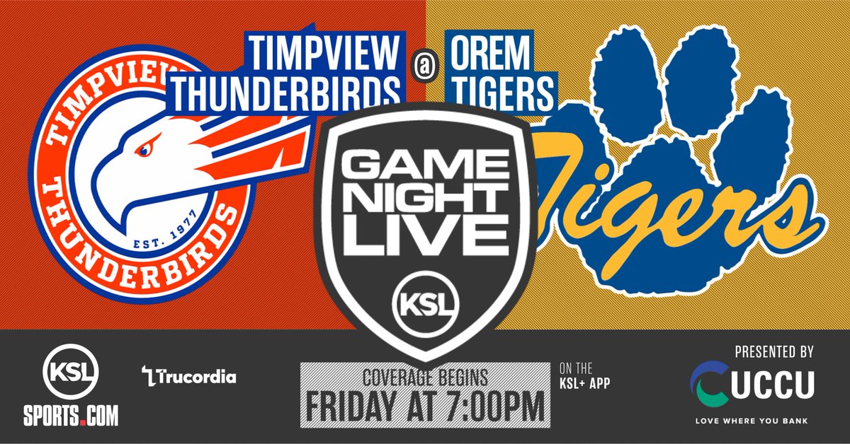 KSL Sports (@kslsports) on Twitter photo This week's #GameNightLive game of the week...
<a href="/T_BirdFootball/">Timpview Football</a> <a href="/OremTigerFball/">Orem Tigers Football</a>
ποΈ: <a href="/JeremiahJensen/">Jeremiah Jensen</a> / Sly
πΊ: KSLSports.com / KSL Sports app / <a href="/KSL5TV/">KSL 5 TV</a> + app
π€: <a href="/utahcommunitycu/">UCCU</a> / <a href="/trucordiahealth/">Trucordia</a> This week's #GameNightLive game of the week...
<a href="/T_BirdFootball/">Timpview Football</a> <a href="/OremTigerFball/">Orem Tigers Football</a>
ποΈ: <a href="/JeremiahJensen/">Jeremiah Jensen</a> / Sly
πΊ: KSLSports.com / KSL Sports app / <a href="/KSL5TV/">KSL 5 TV</a> + app
π€: <a href="/utahcommunitycu/">UCCU</a> / <a href="/trucordiahealth/">Trucordia</a>