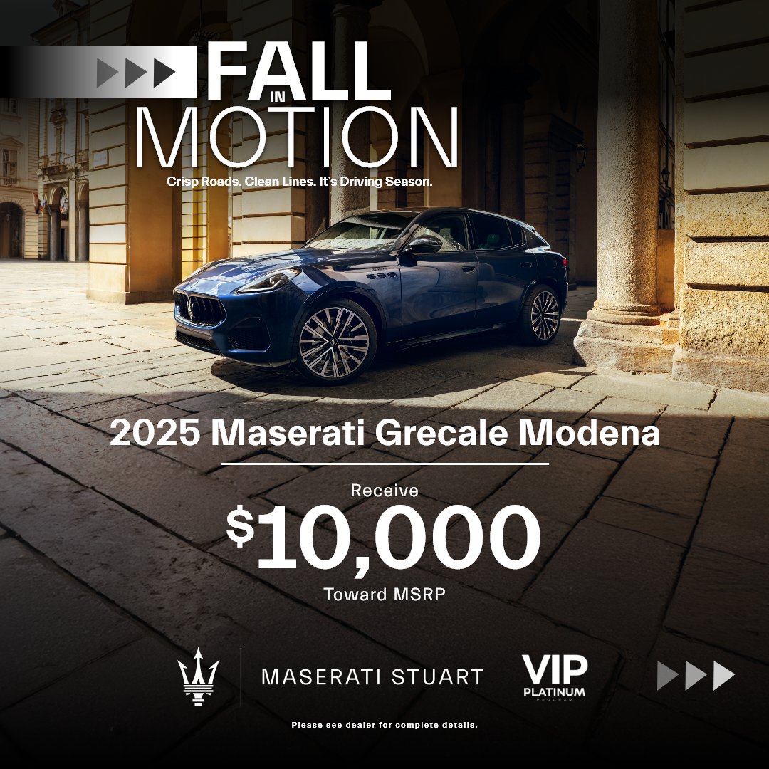 MaseratiStuart's tweet photo. 🔥 Elevate every drive with power and prestige. 🔥
Right now at Maserati Stuart, receive $10,000 toward MSRP on the 2025 Maserati Grecale Modena.

📍 Stop by today: https://t.co/2udYkLQrlf

#MaseratiStuart #MaseratiGrecaleModena https://t.co/QAYHm2BUHl