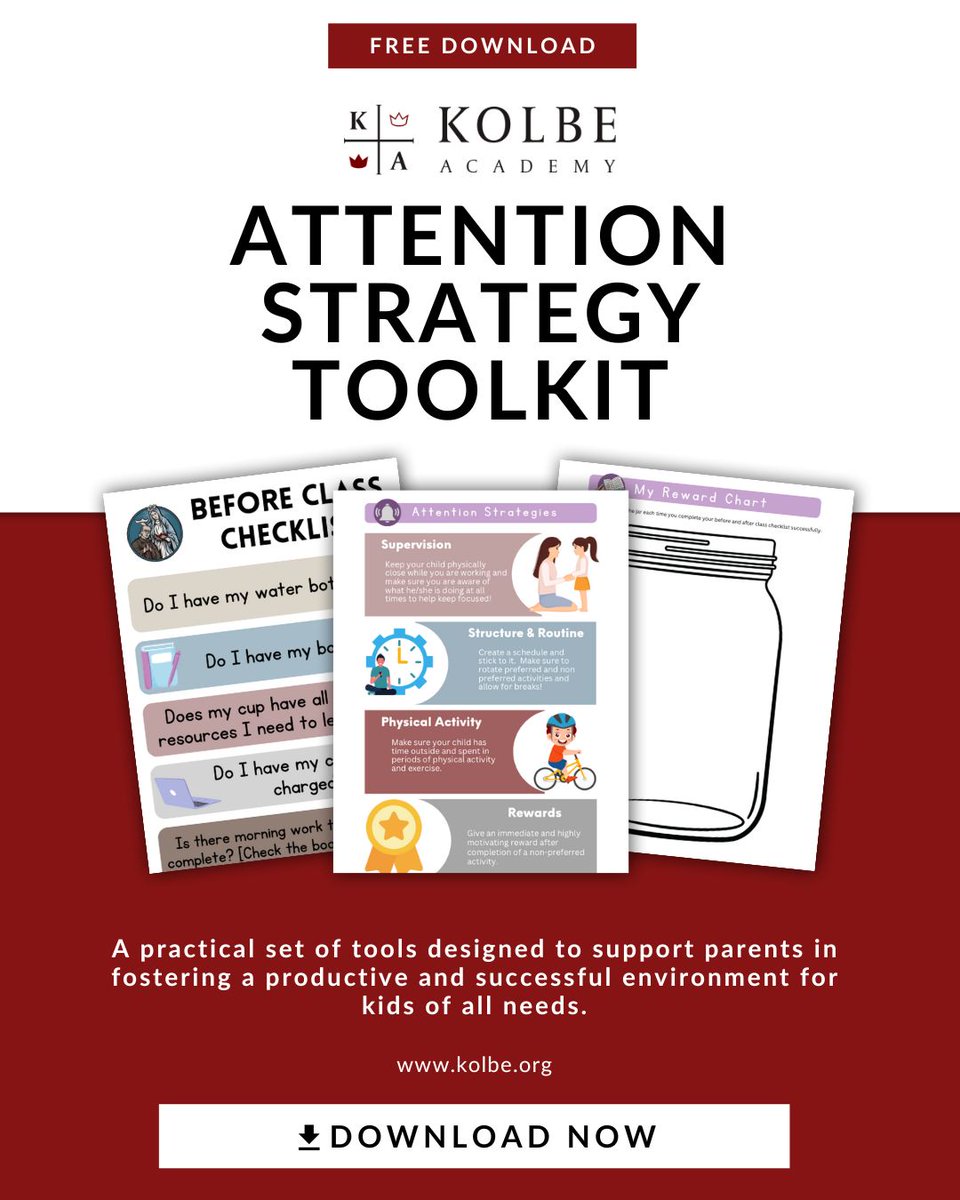 Free Resources from Kolbe Academy
"ATTENTION STRATEGY TOOLKIT"
A practical set of tools designed to support parents in fostering a productive and successful environment for kids of all needs.

Download it here ⬇️
kolbe.org/resources/atte…

#CatholicEducation #Homeschool