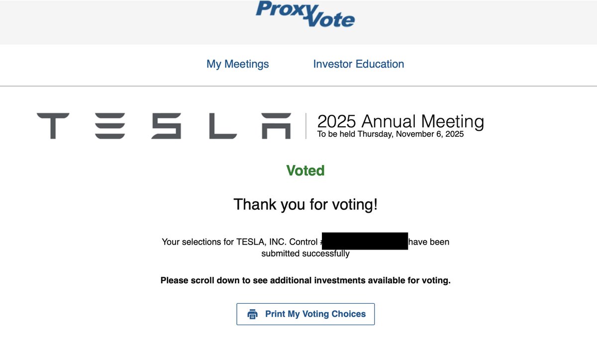 I have just officially voted FOR <a href="/elonmusk/">Elon Musk</a>'s new 2025 CEO Performance Award and a Tesla investment in xAI.

Go vote!