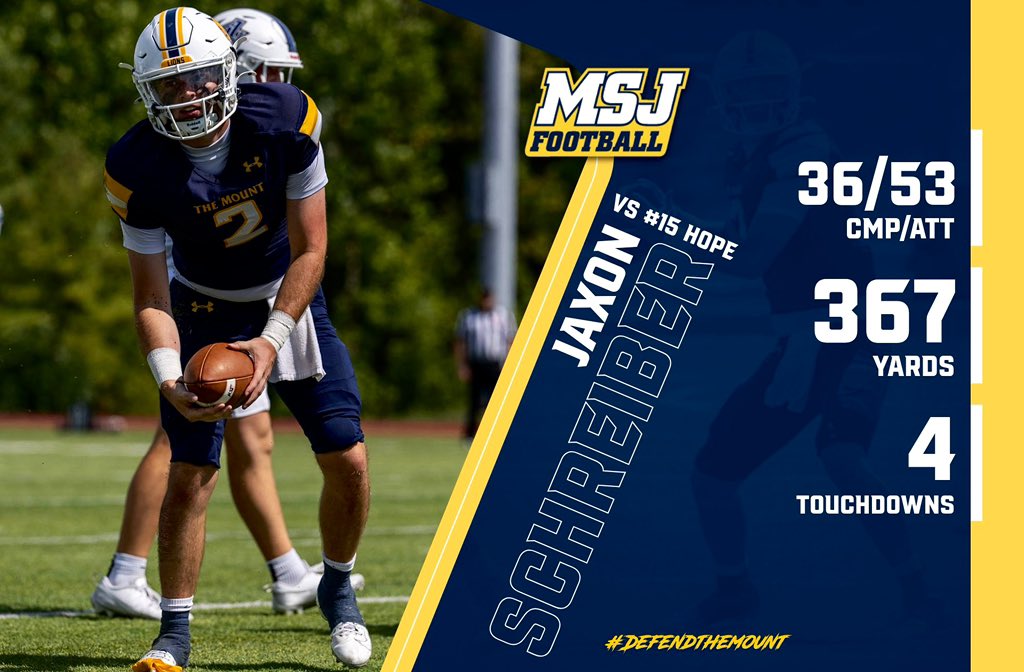 Mount St. Joseph Football (@msj_fb) on Twitter photo In Saturday’s road game vs #15 Hope College, Jaxon Schreiber set TWO new Mount St. Joseph single game records with his 53 pass attempts & 36 completions. Schreiber also threw for 367 yards and 4 TDs! 
#DEFENDTHEMOUNT In Saturday’s road game vs #15 Hope College, Jaxon Schreiber set TWO new Mount St. Joseph single game records with his 53 pass attempts & 36 completions. Schreiber also threw for 367 yards and 4 TDs! 
#DEFENDTHEMOUNT