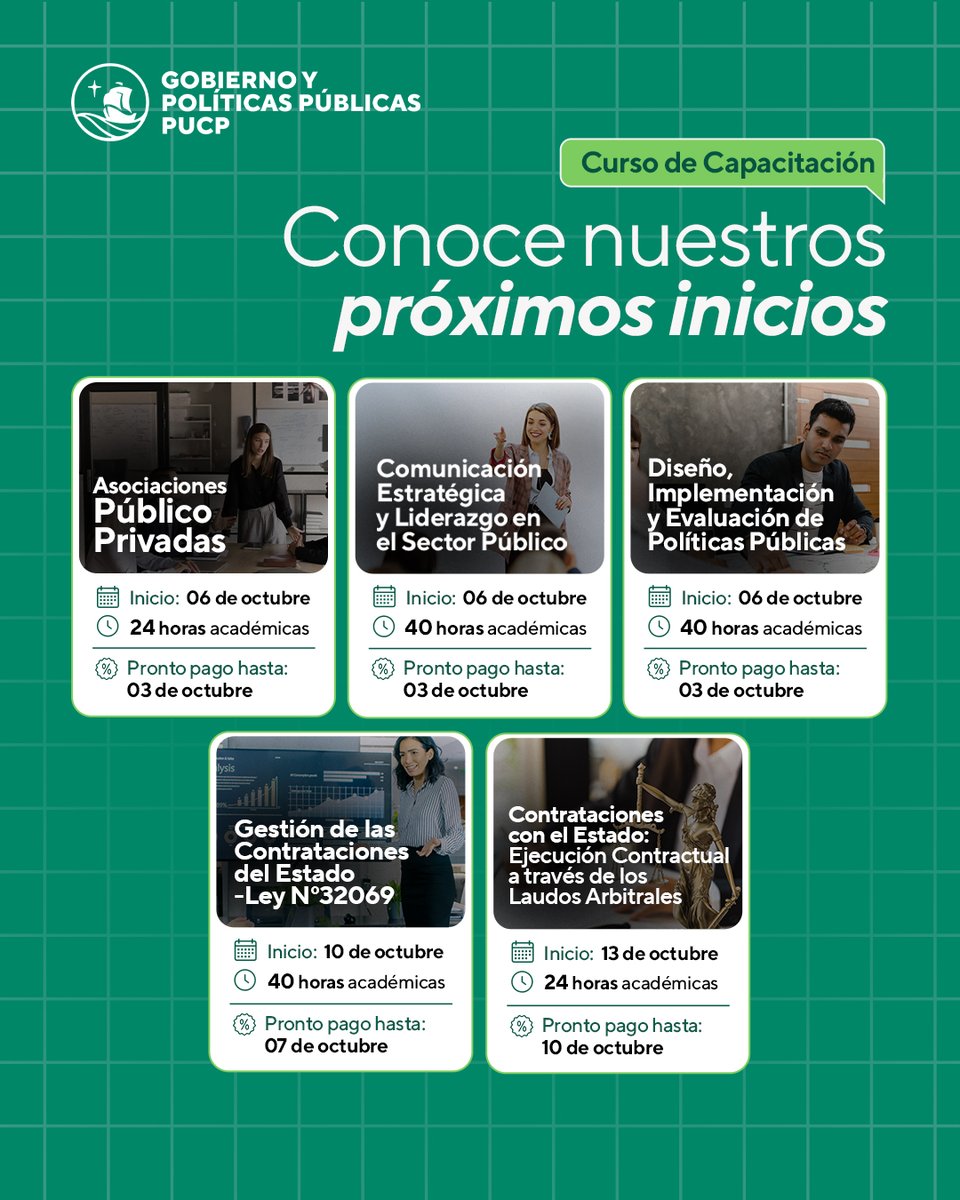 📚✨ CURSOS DE OCTUBRE
Desarrolla tus habilidades profesionales con programas especializados y docentes expertos. 👩‍🏫👨‍🏫
🔗 Conoce más e inscríbete en el curso de tu interés:
gobierno.pucp.edu.pe/programas-acad…

#PUCP #EscuelaDeGobierno #CursosDeCapacitación