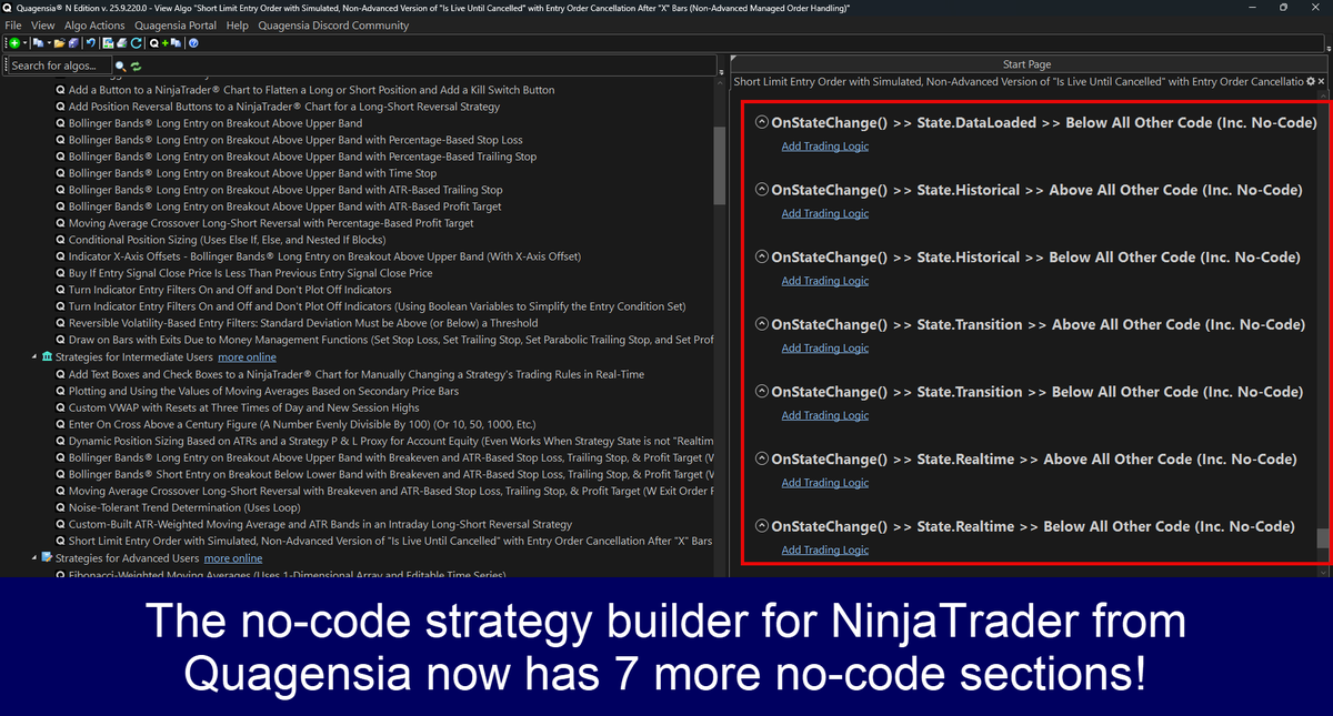 quagensia's tweet photo. The no-code strategy builder for @NinjaTrader from Quagensia now has 7 more no-code sections!
https://t.co/3kMnwrVgVj
#NinjaTrader #NinjaScript https://t.co/tKQ2OUjvAZ
