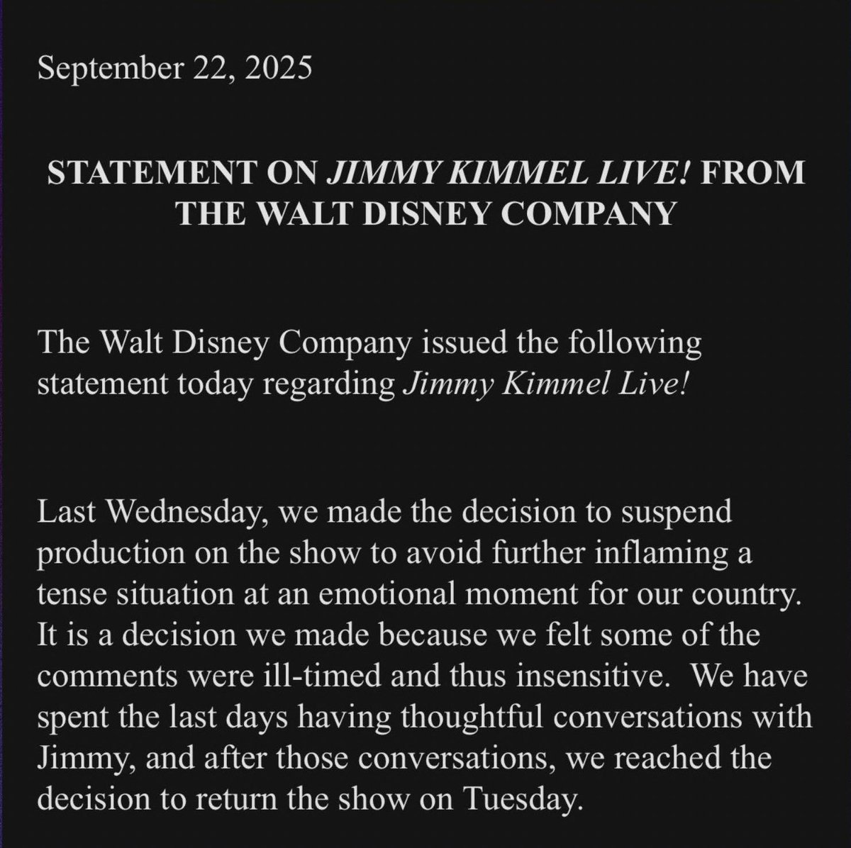 BREAKING: Disney has chosen to reinstate <a href="/JimmyKimmelLive/">Jimmy Kimmel Live</a>. The show will air again tomorrow.
