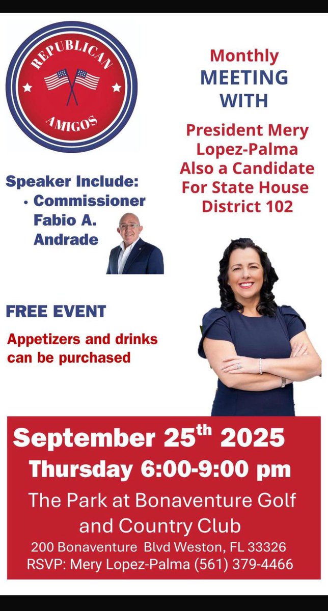 Hope to see you and learn about our club and our goal to make history with voter registrations.   <a href="/FabioASays/">Fabio A. Andrade</a> <a href="/ColombiaHablaUS/">ColombiaHablaUS</a> <a href="/CarlosJReyesFL/">Carlos Reyes</a> <a href="/BrowardGOP/">Broward GOP</a> @Eddy4Congress <a href="/RNCVoteProtect/">RNC Election Integrity</a> <a href="/RNCResearch/">RNC Research</a> <a href="/DavidBorreroFL/">DavidBorreroFL</a> <a href="/AdamCervera/">Adam Cervera</a> <a href="/republicanclub/">Republican Club</a> <a href="/swbro/">SWBRO</a> <a href="/34orlandog/">Orlando Gonzalez</a> <a href="/SenRickScott/">Rick Scott</a>