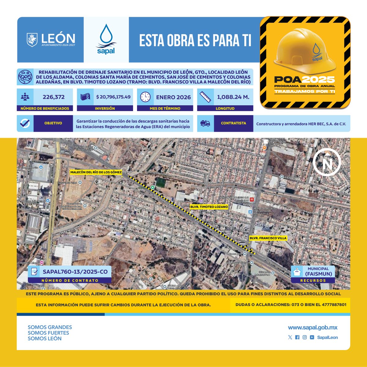 #AvisoVial🚧👷🏼 Para brindar un servicio sanitario de calidad a más de 226 mil 300 leonesas y leoneses, rehabilitamos el drenaje de la zona sur del municipio.
Conoce el tramo que intervenimos del bulevar Timoteo Lozano y utiliza vías alternas.

#EnSapalTrabajamosPorTi