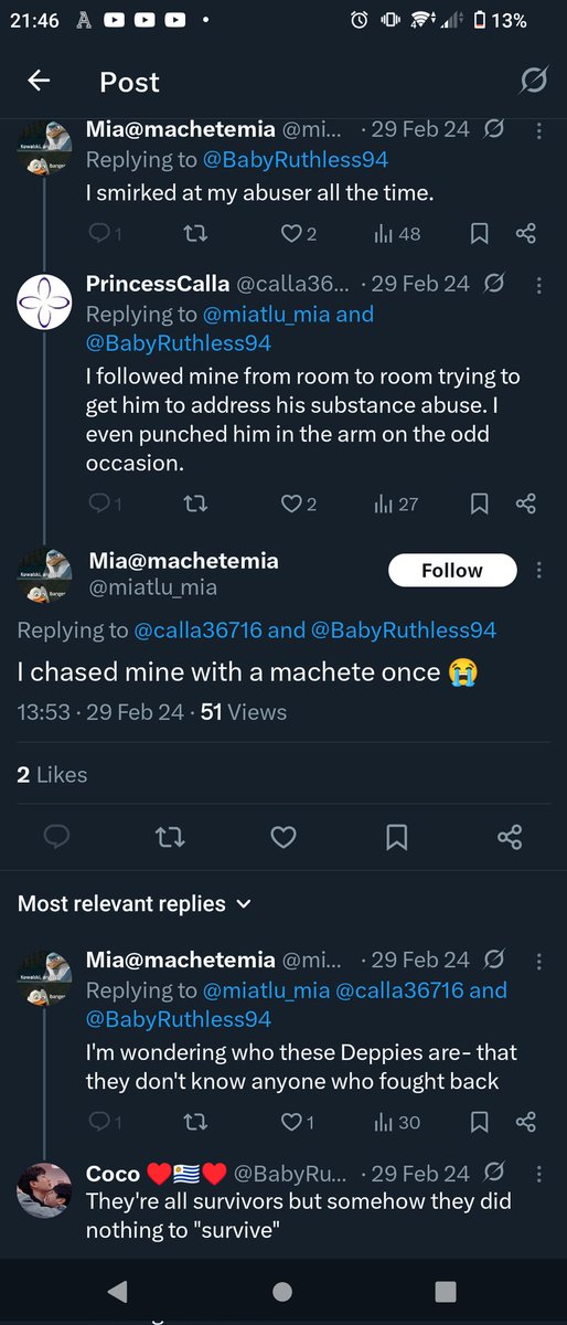 <a href="/Oneiorosgrip/">Hannah Wallen | Too Dangerous For #Facebook!</a> ”I smirked at my abuser all the time”

”I chased mine with a machete once” 

Definitely not the behaviour of a victim. Mia is an abuser.