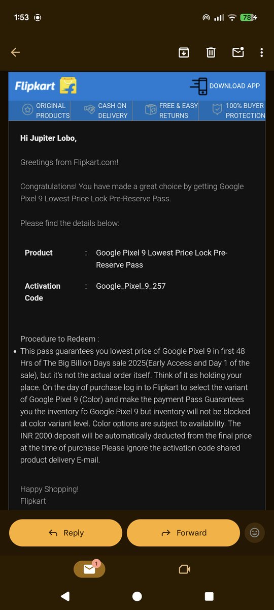 JupiterLobo's tweet photo. Mail shows Guarantees you inventory. But it's out of stock. When it was available it was 55,999 and when added to cart and went for payment, the pass did not work, no 2000rs was deducted from price. @Flipkart @flipkartsupport #FlipkartBigBillionDays #flipkartscam https://t.co/W623i9x3DR