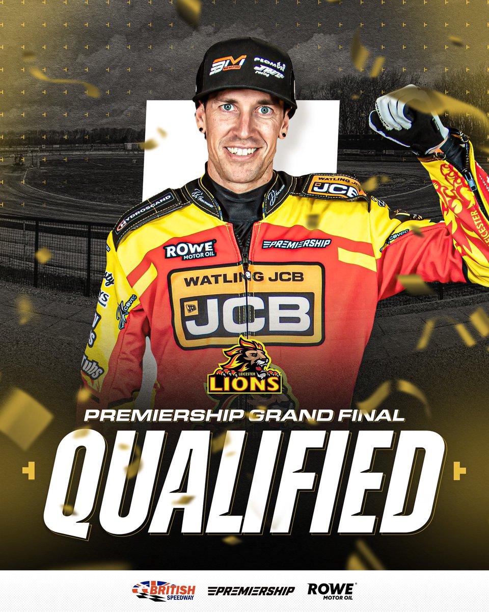 SpeedwayGB's tweet photo. 🦁✅

@SpeedwayLions have booked their place in the ROWE Motor Oil Premiership Grand Final for a second successive season 🏆

The thrilling second semi-final went all the way to the 30th heat, but it’s the Lions who will race the Witches for the title! 🔜

#️⃣ #LEISHE #britishspeedway🇬🇧