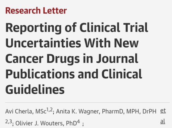 Text on a white background with the title "Research Letter" in red, followed by "Reporting of Clinical Trial Uncertainties With New Cancer Drugs in Journal Publications and Clinical Guidelines" in black. Below the title, names are listed: Cornelia, Anita K. Wagner, and Olivier J. Wouters, with their academic credentials.