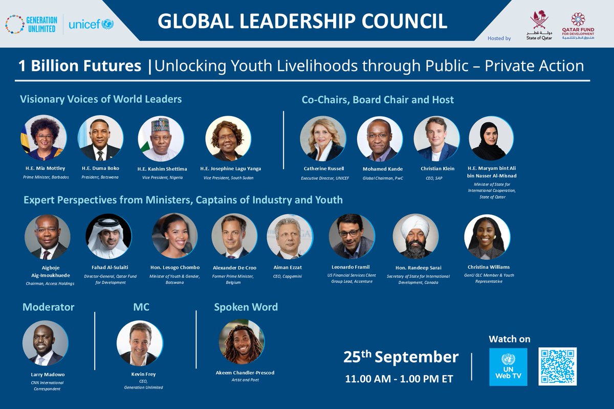 Unlocking a #WorkLifeReady Generation 🌍

During this #UNGA week, <a href="/GenUnlimited_/">Generation Unlimited</a>'s Global Leadership Council – hosted by 🇶🇦 Qatar – goes live on UN Web TV.

200M youth reached in 3 years. Let’s power a billion more brilliant futures.

📺🔗 webtv.un.org/en/asset/k1i/k…