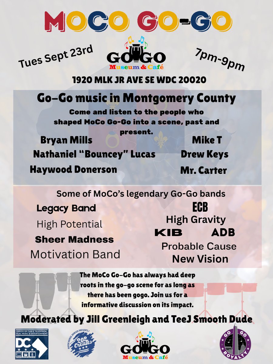 MoCo Go-Go is a big part of Go-Go. Past and present bands made the region relevant to its community. Come here the stories and the work from legends and musicians who paved the way and continue to make MoCo Go-Go. Sept 23rd 7-9pm. Special guest <a href="/CoachDrip_MikeT/">Coach Drip</a> <a href="/DrewOnTheKeys/">Drew Keys</a>