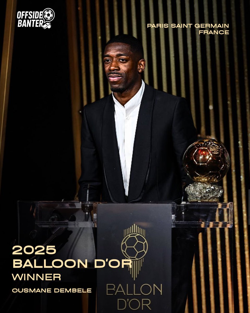 Offside_Banter's tweet photo. OUSMANE DEMBELE WINS THE #BallonDor 2025

DESERVED✨⚽️ https://t.co/2kQPFAvvHX