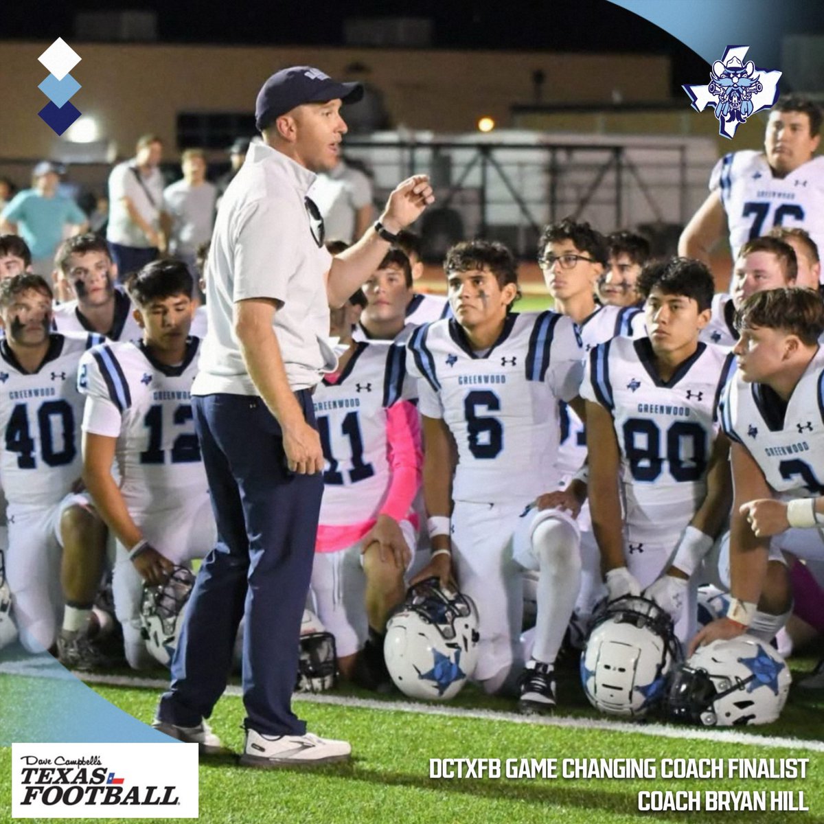 Coach Bryan Hill has been nominated for the Dave Campbell’s Texas Football Game-Changing Coach Award, presented by Ballogy!

This honor highlights coaches across Texas who go above and beyond in developing young men on and off the field. Coach Hill is one of just 60 nominees