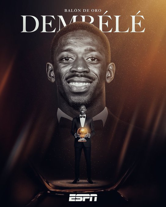 Ousmane Dembélé smiling in a black and white portrait. Below, a smaller image of Ousmane Dembélé in a black suit holding a golden Balón de Oro trophy. The background is dark with a glowing effect. Text reads "Balón de Oro Dembélé" and "ESPN" is visible at the bottom.