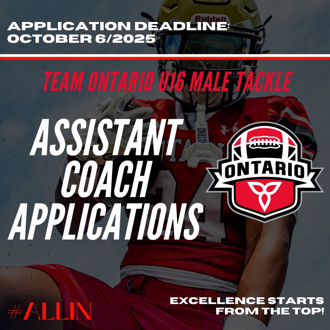 Football Ontario is now accepting applications for a variety of coaching positions with the Team Ontario U16 Male Tackle Program for the 2026 season.

The deadline to apply is October 6, 2025

More: footballontario.net/2025/09/22/foo…

#ALLIN
#WeAreFootballOntario