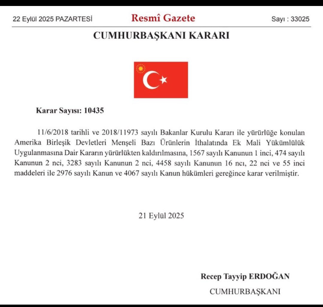 TÜRK ÇİFTÇİSİNİ ABD'YE FEDA EDEN KARAR !

Cumhurbaşkanı Kararı ile ABD menşeyli ;

Badem, Fındık, Fıstık, Ceviz gibi sert kabuklu meyveler ve Yaprak Tütün ile Tütün Döküntüleri ithalatında gümrük vergileri sıfırlandı. 

( 2018 kararına göre ABD’den ithal edilen bu ürünlerden %30